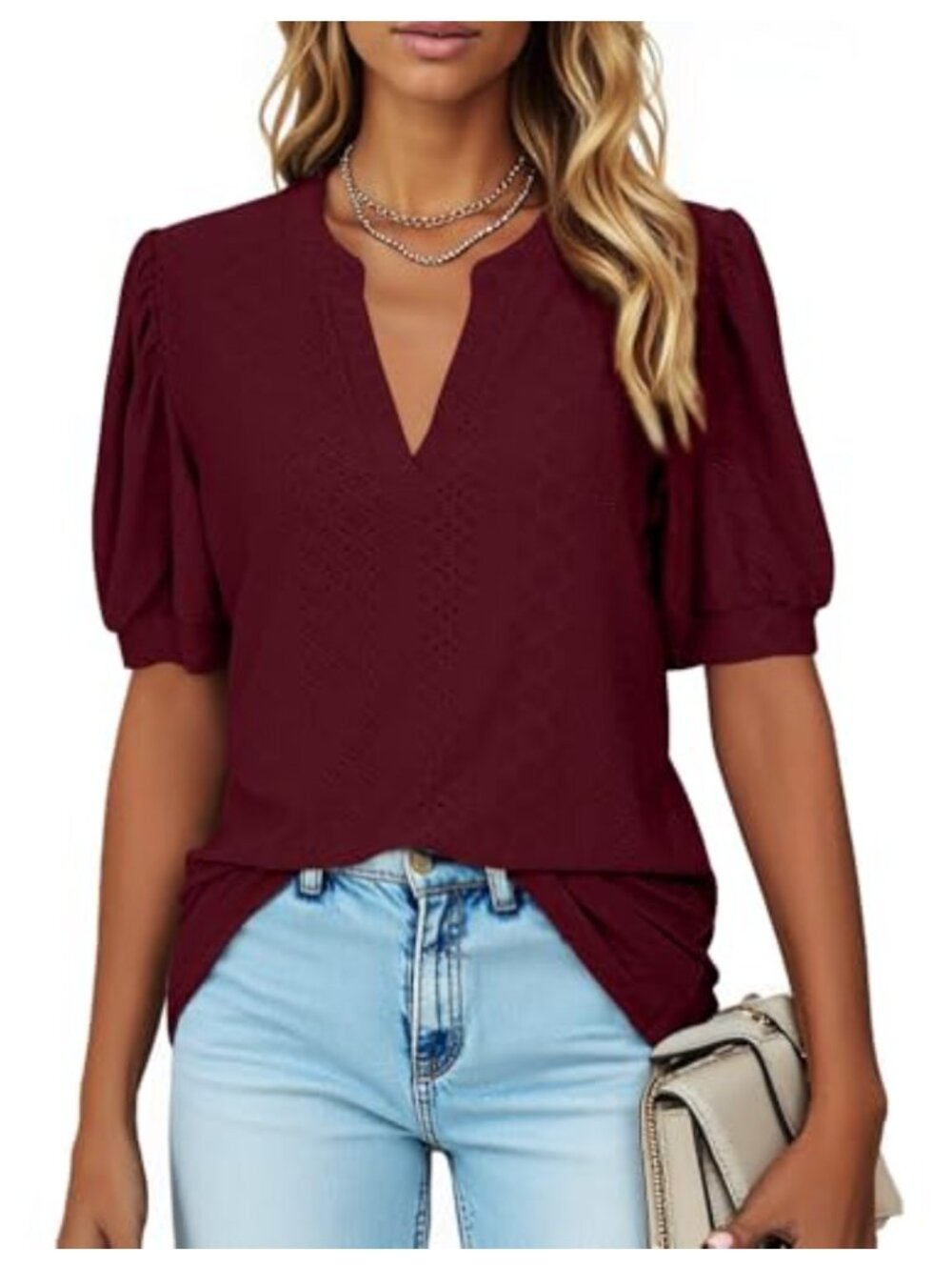 Womens Tunics Pointelle Puff Short Sleeve V Neck Summer Top